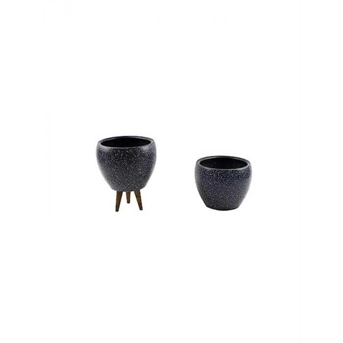 Gri Granit Desenli 15 cm Toprak Saksı İkili Set - Ayaksız