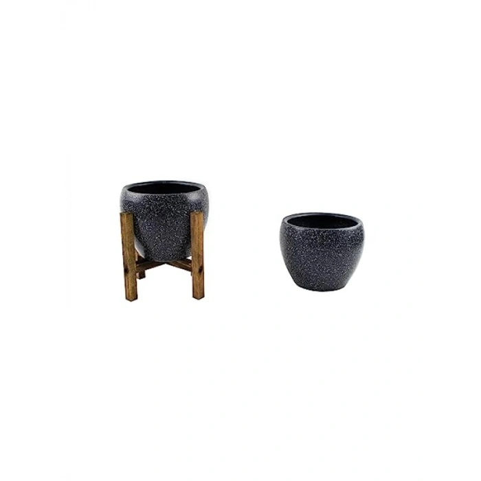 Gri Granit Toprak Saksı - İkili Set - 15 cm - Ayaksız Şıklık