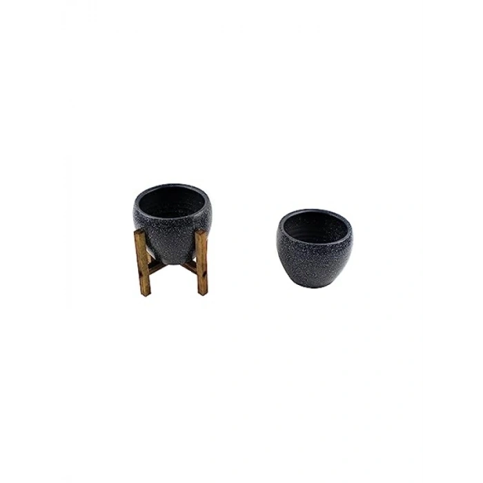 Gri Granit Toprak Saksı - İkili Set - 15 cm - Ayaksız Şıklık