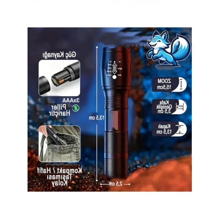 Güçlü LED El Feneri, 10W, 5 Mod, Zoom Özellikli