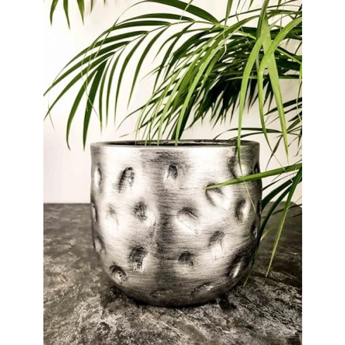 Gümüş Desenli 19 cm Toprak Saksı - Ev Dekorasyonu