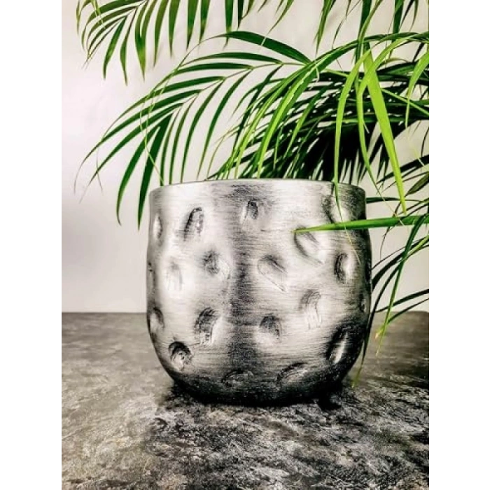 Gümüş Desenli 19 cm Toprak Saksı - Ev Dekorasyonu