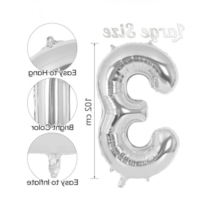 Gümüş Renk 102 cm Yaş 3 Balon - Folyo Helyum Uçan Balon