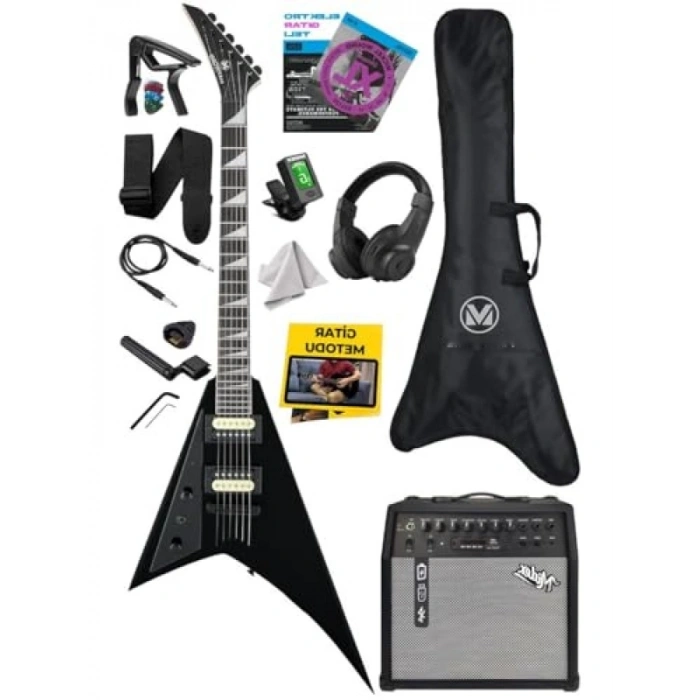 Güvenilir V Kasa Gül Klavye 2x Zebra Humbucker 50W Amfili Elektro Gitar