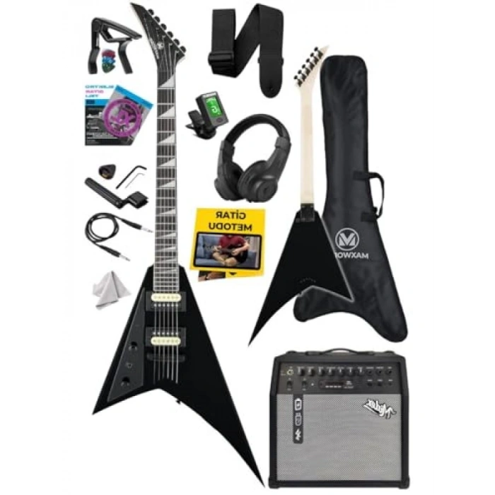 Güvenilir V Kasa Gül Klavye 2x Zebra Humbucker 50W Amfili Elektro Gitar