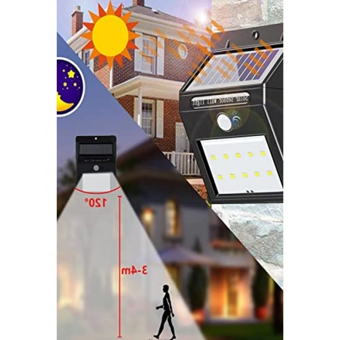 Hareket Sensörlü Güneş Enerjili Duvar Lambası, 20 LED, Su Geçirmez