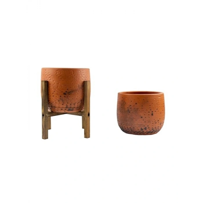 İkili Set Siyah Nokta Desenli 19 CM Toprak Saksı