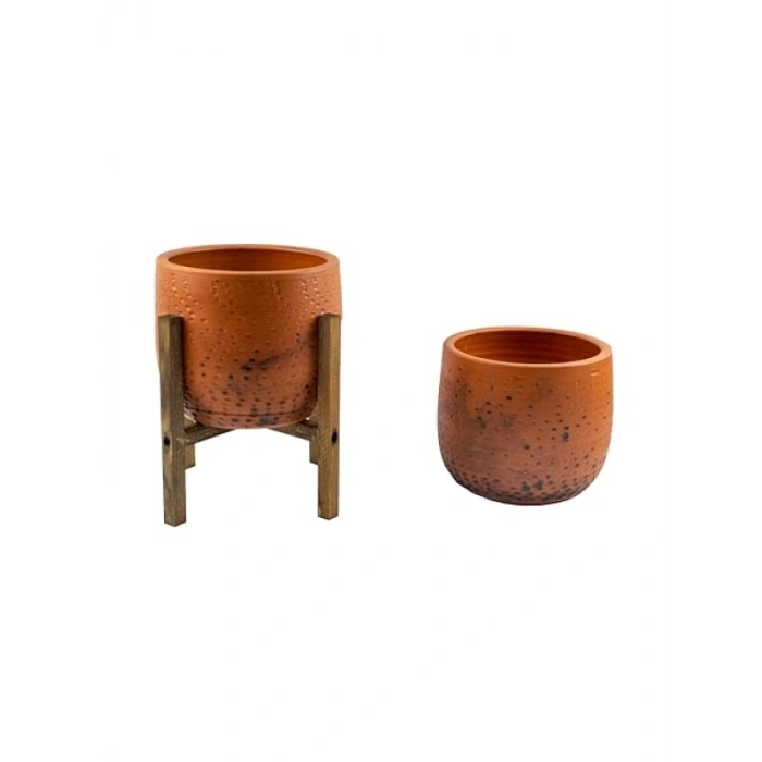 İkili Set Siyah Nokta Desenli 19 CM Toprak Saksı