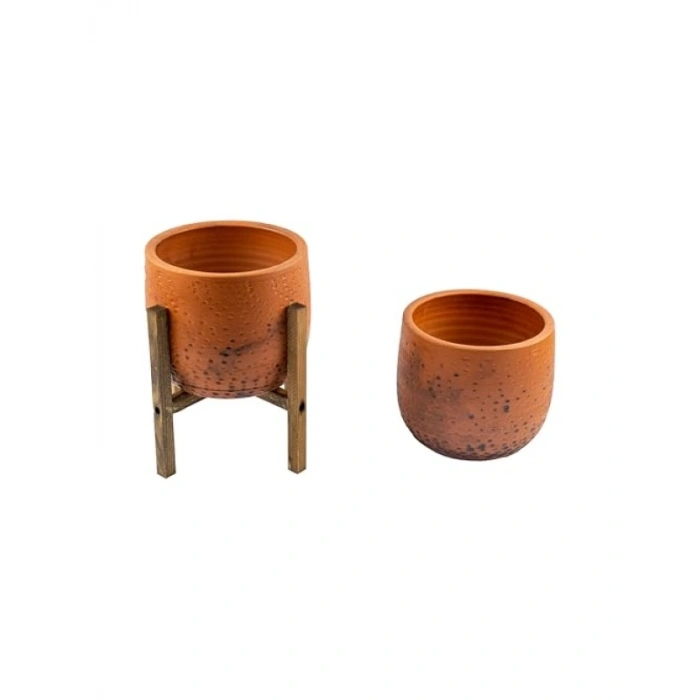 İkili Set Siyah Nokta Desenli 19 CM Toprak Saksı