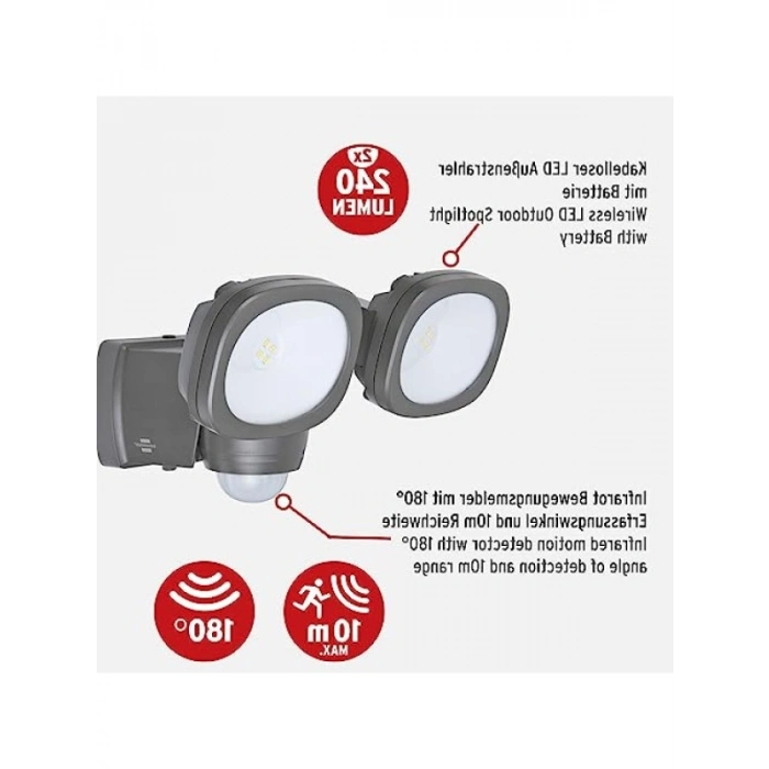Kablosuz Pilli LED Dış Mekan Spot Lamba - Hareket Sensörlü, 2 x 240 Lümen, 8 Adet LED