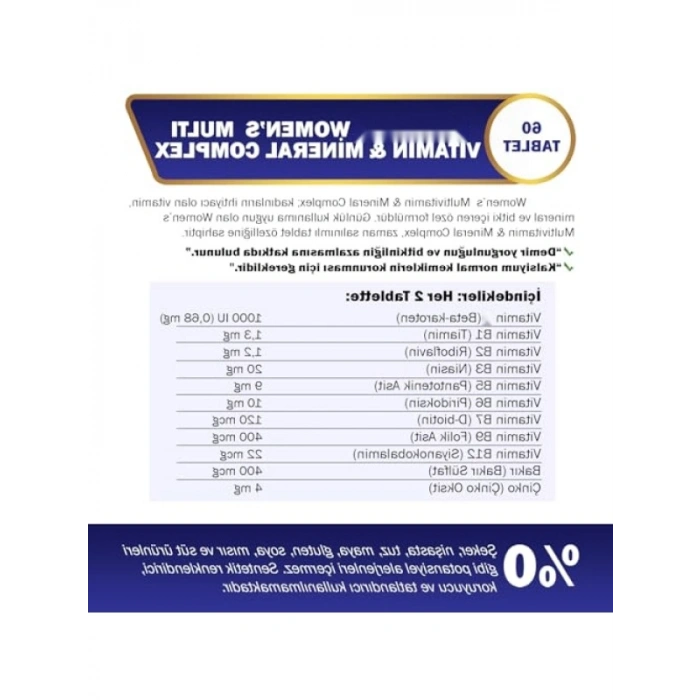 Kadınlar için Multivitamin Takviyesi - 14 Vitamin ve 8 Mineral, 60 Tablet, Vegan