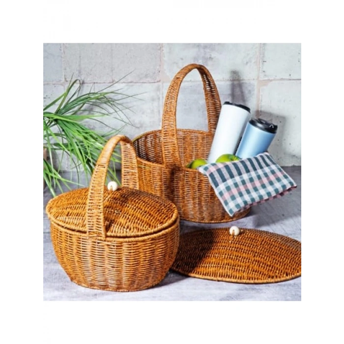 Kapaklı Hasır Piknik Sepeti Seti, 2li, 27 cm Genişlik, 14 cm Uzunluk