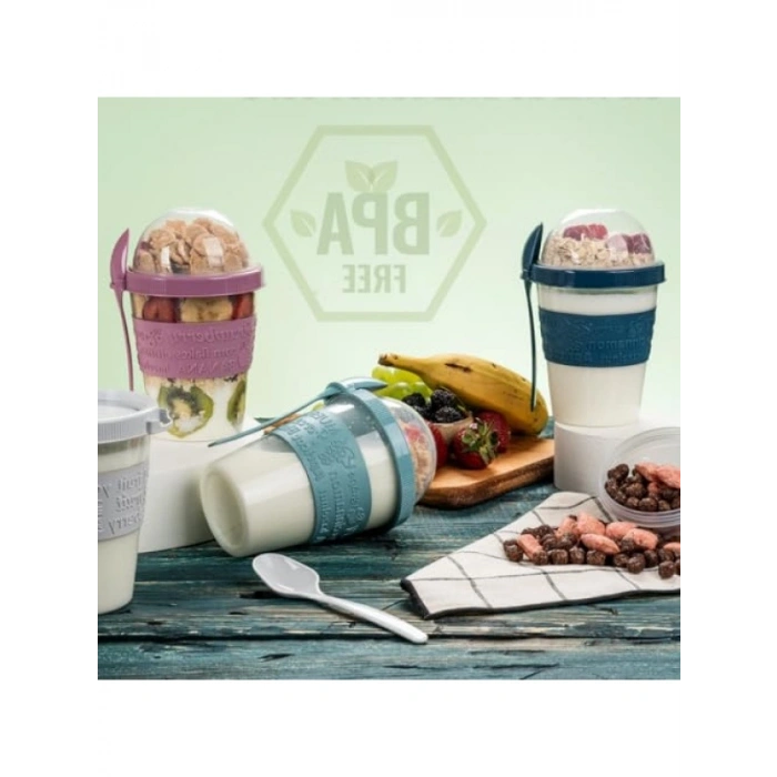 Kaşıklı Hazneli Meyveli Yoğurt Kabı - 600 ml, Renkli Seçenekler