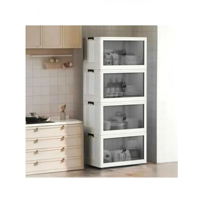 Katlanabilir 4 Katlı Portatif Saklama Dolabı, Beyaz-Gri
