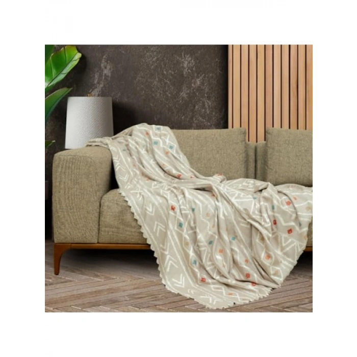 Kaymaz Etnik Desenli Mikrofiber Koltuk Örtüsü - Bej, 180x300 cm
