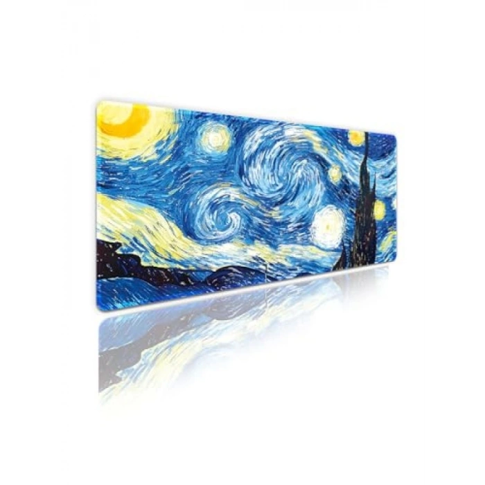 Kaymaz Oyun Klavye Mouse Pad 70x30cm - Van Gogh Yıldızlı Gece Tasarımı
