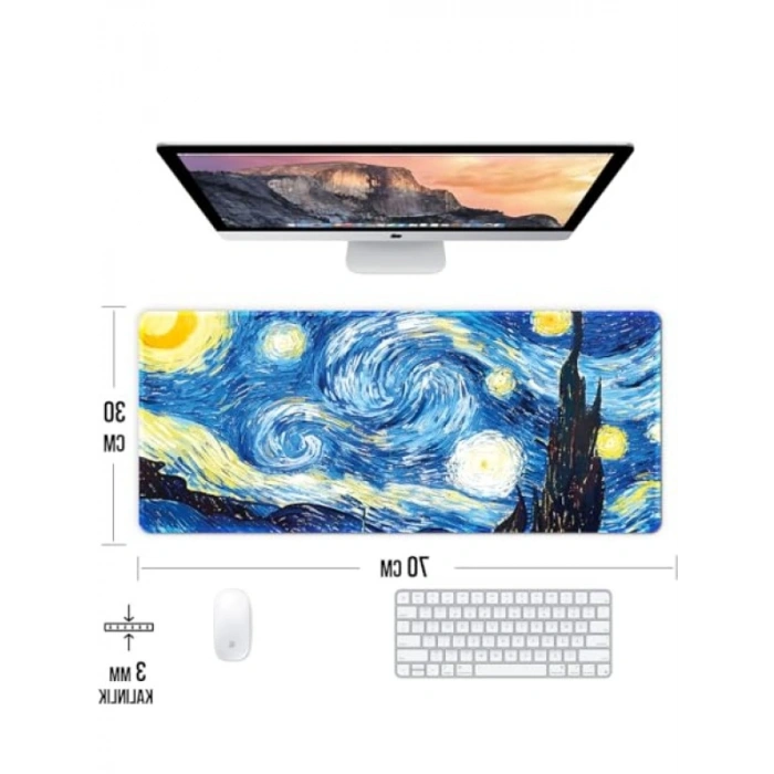 Kaymaz Oyun Klavye Mouse Pad 70x30cm - Van Gogh Yıldızlı Gece Tasarımı