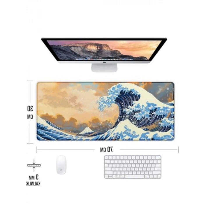 Kaymaz Oyun Klavye ve Mouse Pad - Hokusai Dalgalar Temalı, 70x30 cm