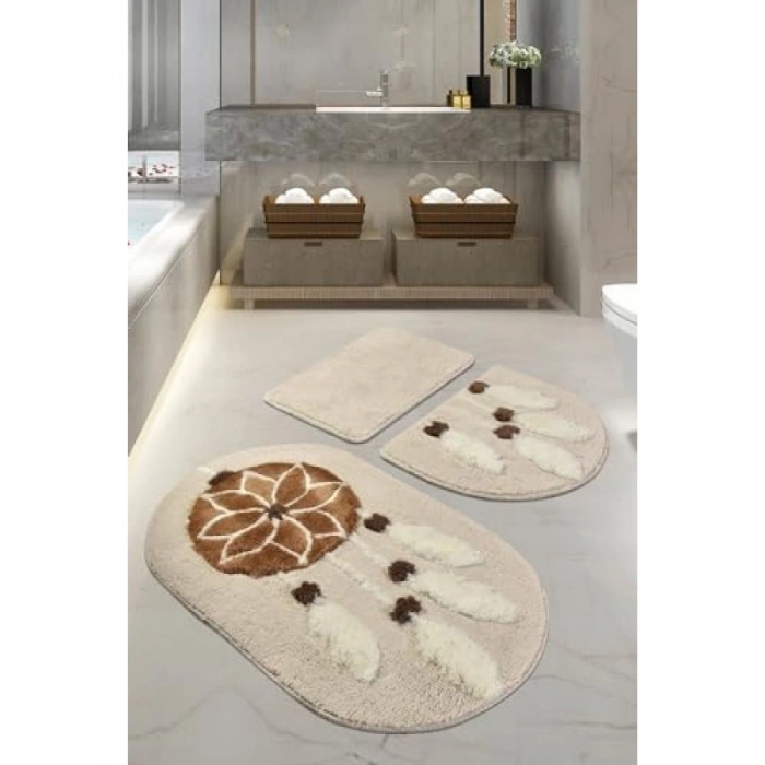 Kaymaz Tabanlı 3’lü Yıkanabilir Banyo Halısı Seti
