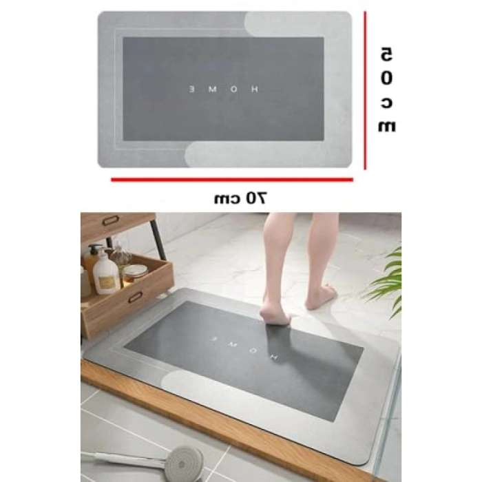Kaymaz Tabanlı Süper Emici Banyo Paspası, 50x70 cm, Gri