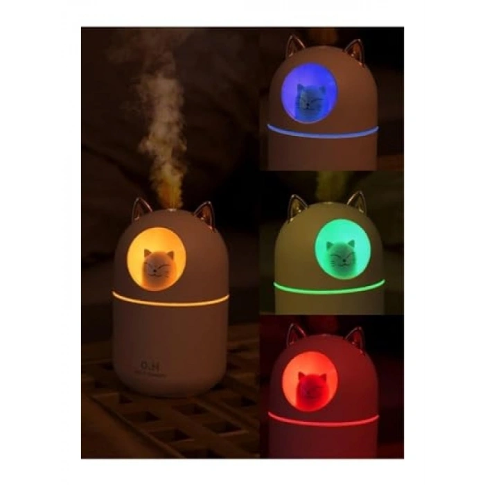 Kedi Karakterli RGB LED Nemlendirici, Beyaz