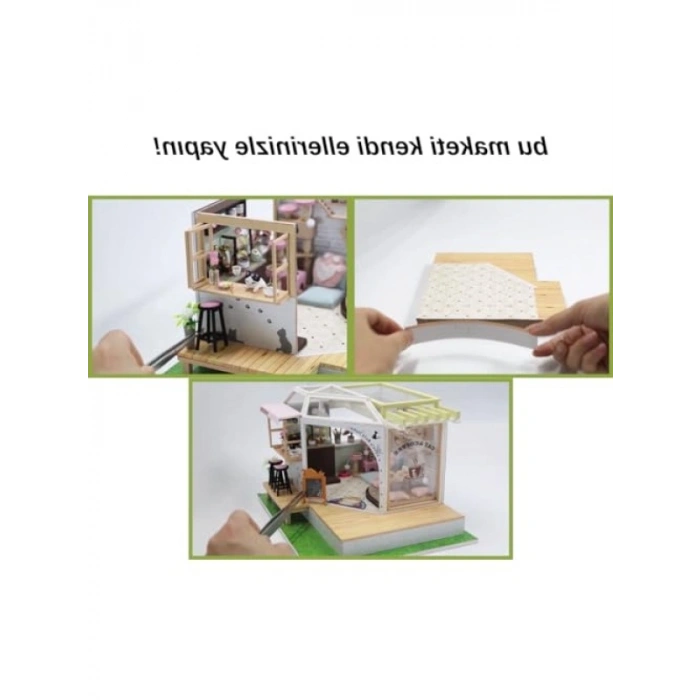 Kedi Temalı Minyatür Kafe Yapma Seti – LED Işıklı Ahşap Maket