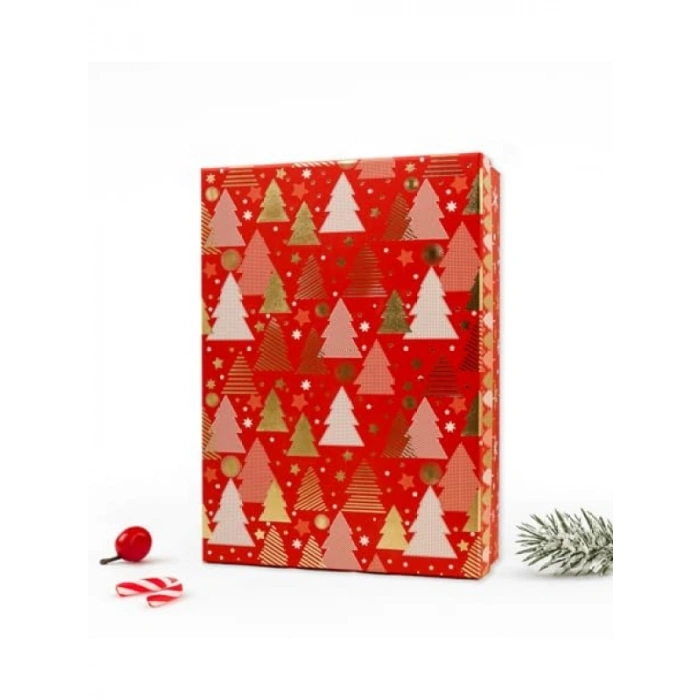 Kırmızı Noel Temalı Kapaklı Hediye Kutusu - 27x19x7 cm