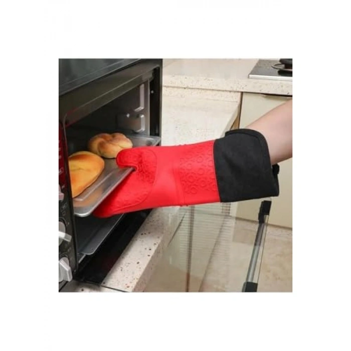 Kırmızı Silikon Yanmaz Mutfak Eldiveni - Isı Yalıtımlı 35 cm