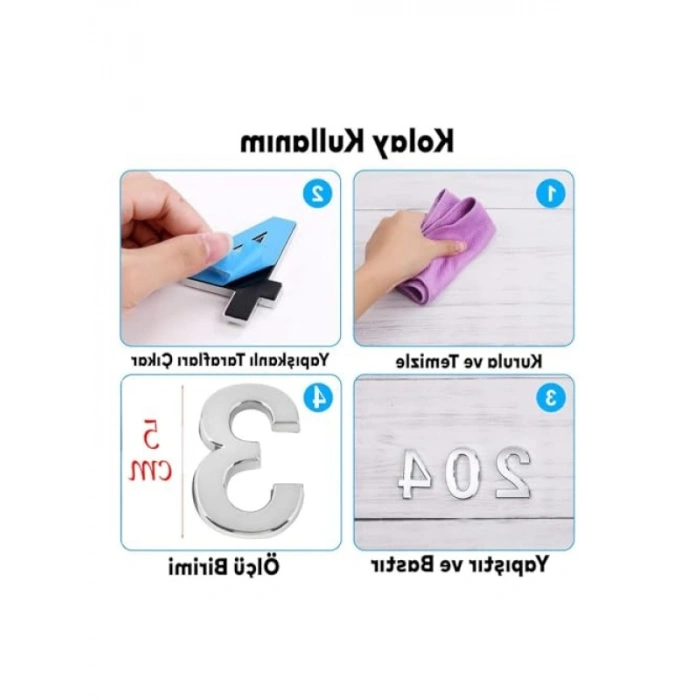 Küçük Boy Yapışkanlı Kapı Numarası - 50 mm Krom Renk 3 Numarası