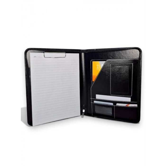 Mandallı Evrak Tutucu & Tablet Bölmeli Organizer - Suni Deri, Fermuarlı (32.5 × 25 cm), Siyah