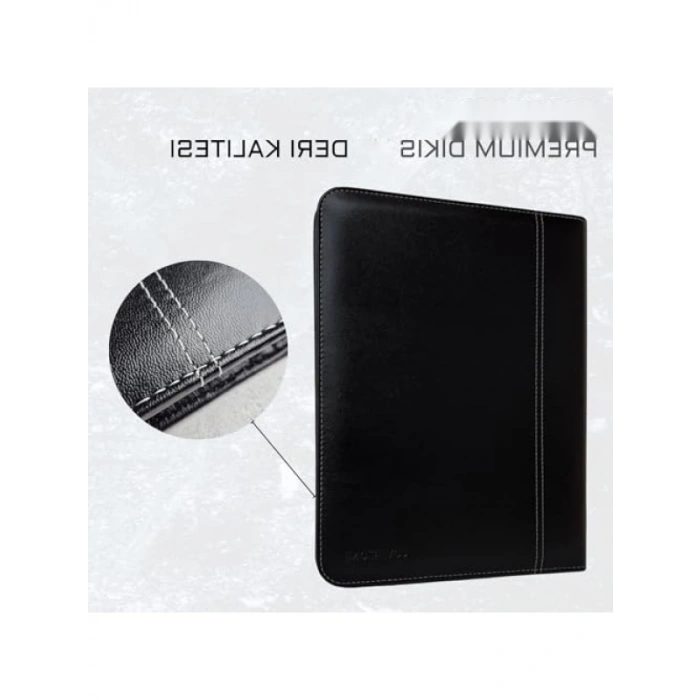 Mandallı Evrak Tutucu & Tablet Bölmeli Organizer - Suni Deri, Fermuarlı (32.5 × 25 cm), Siyah