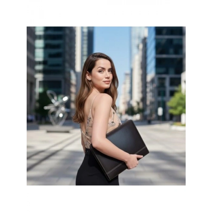 Mandallı Evrak Tutucu & Tablet Bölmeli Organizer - Suni Deri, Fermuarlı (32.5 × 25 cm), Siyah