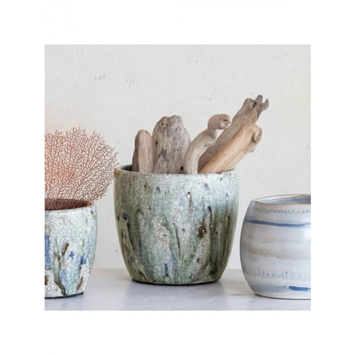 Mavi Çatlak Sırlı Büyük Terra-Cotta Saksı