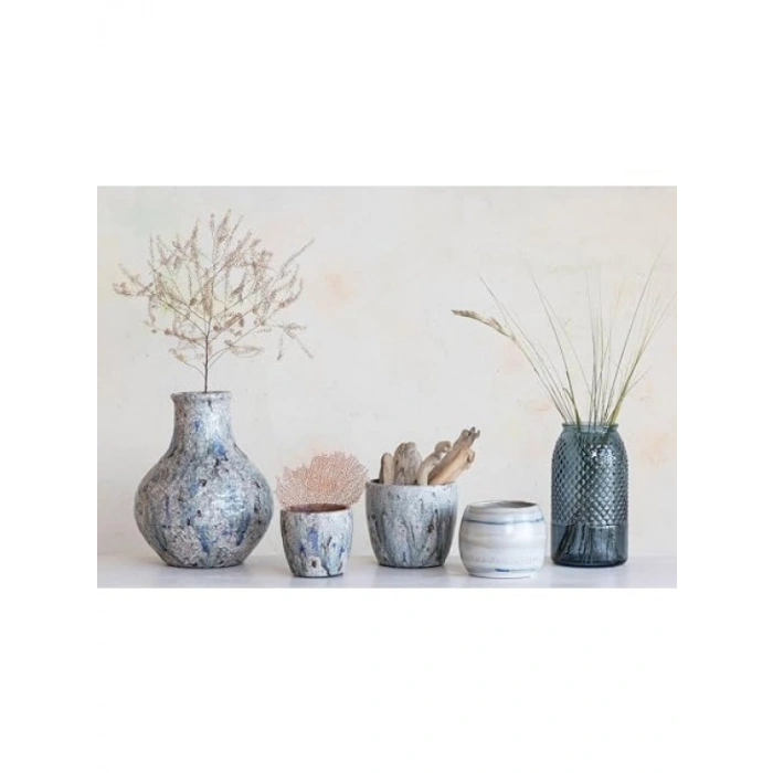 Mavi Çatlak Sırlı Büyük Terra-Cotta Saksı