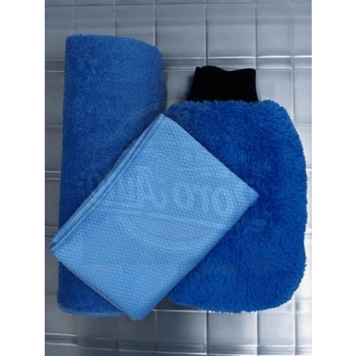 Mavi Mikrofiber Yıkama & Kurulama Seti - Yıkama Eldiveni ve Cam Bezi