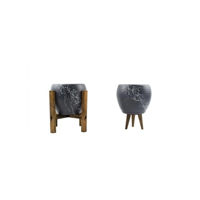 Mermer Efektli Gri Üzeri Beyaz Toprak Saksı - İkili Set - 15 cm - Modern Tasarım