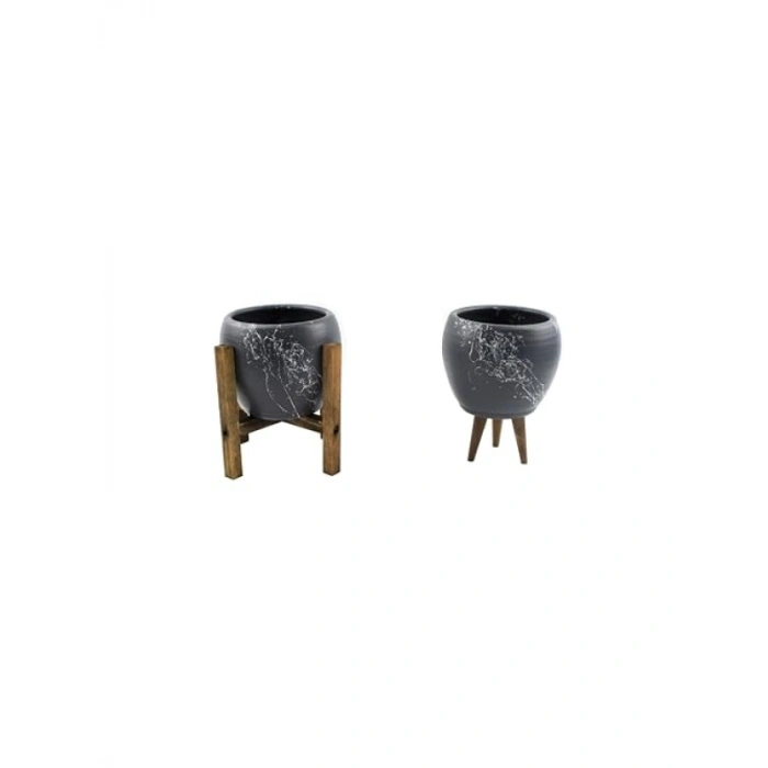 Mermer Efektli Gri Üzeri Beyaz Toprak Saksı - İkili Set - 15 cm - Modern Tasarım