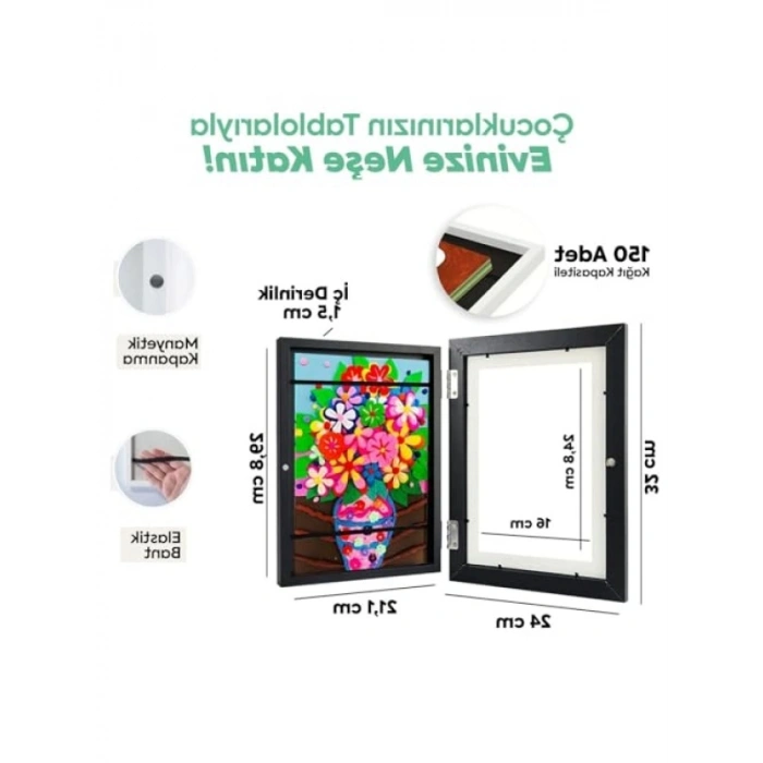 Mıknatıslı Kapaklı Çocuk Sanat Çerçevesi | Duvara Asılabilir | A4 Boyut
