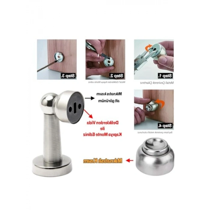 Mıknatıslı Metal Kapı Tutucu - Vidalı Durdurucu Stoper, Krom Renk