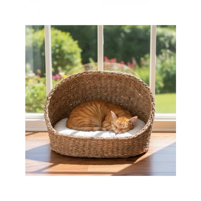 Oval Gölgelikli Hasır Kedi ve Köpek Yatağı - 46x35 cm