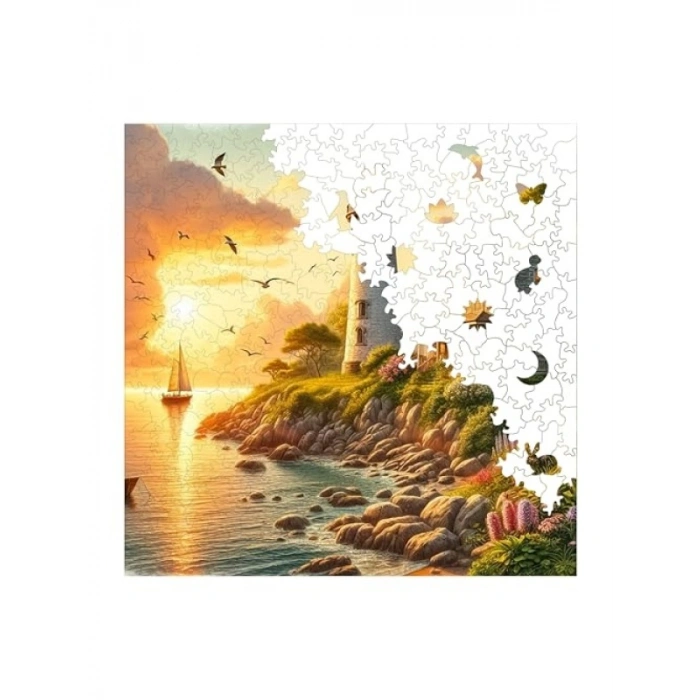 Özel Tasarım Ahşap Puzzle - Deniz Fenerinde Gün Batımı, 353 Parça