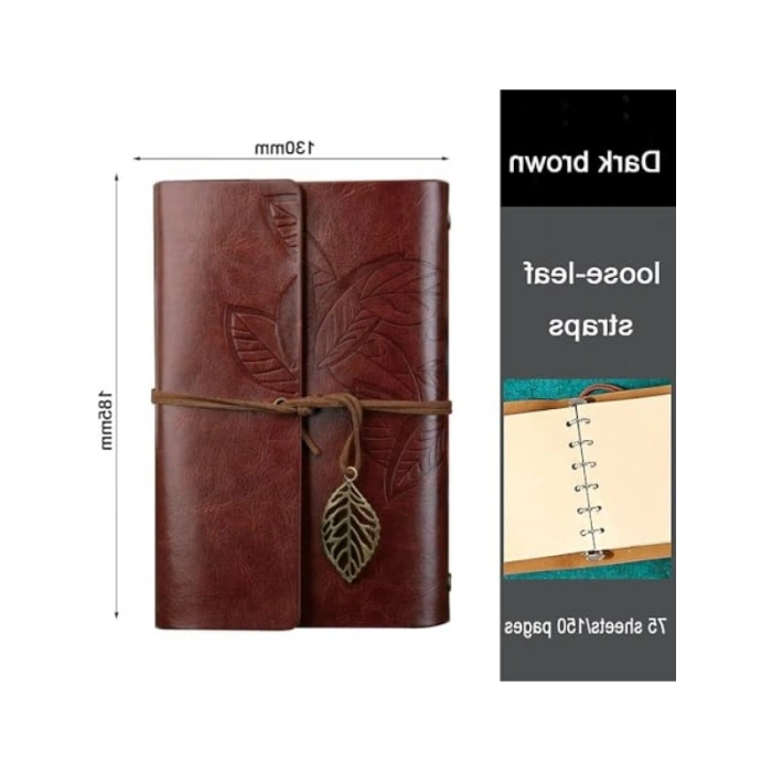 Özel Tasarım Retro Yaprak Baskılı Deri Kapaklı Not Defteri - Kahverengi