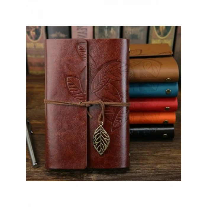 Özel Tasarım Retro Yaprak Baskılı Deri Kapaklı Not Defteri - Kahverengi