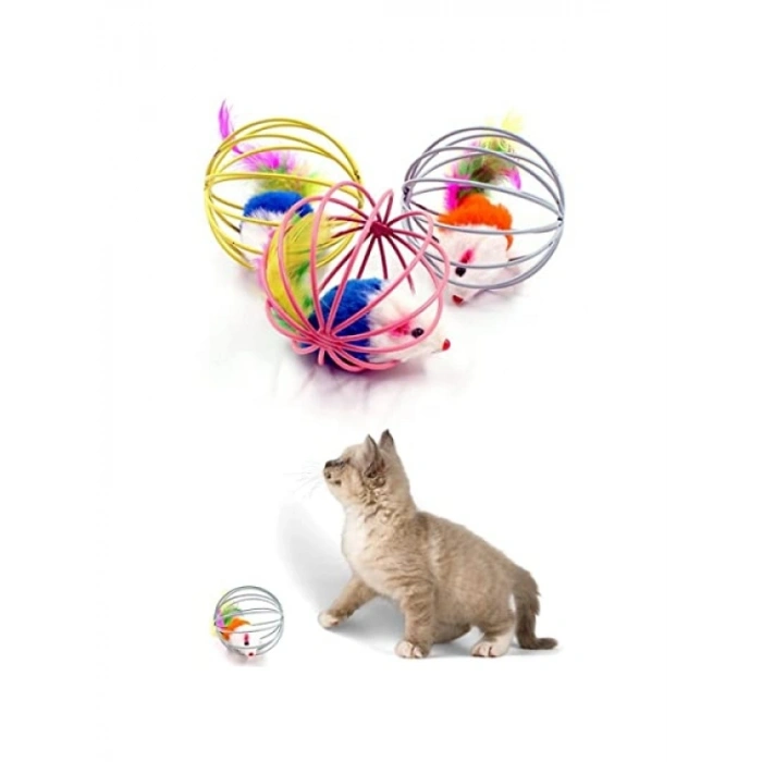 Peluş Fareli Kedi Köpek Oyuncağı, Renkli Metal Kafesli, 6 cm
