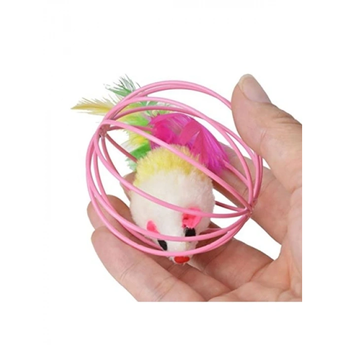 Peluş Fareli Kedi Köpek Oyuncağı, Renkli Metal Kafesli, 6 cm