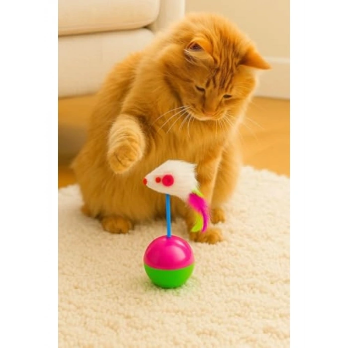 Peluş Fareli Kedi Oyuncağı, Renkli Kuyruklu Denge Toplu