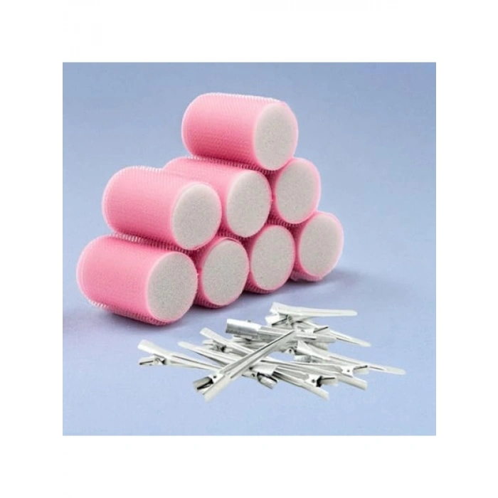 Pembe Cırtlı Sünger Bigudi Seti - 8 Adet + 12 Adet Alüminyum Saç Pensi
