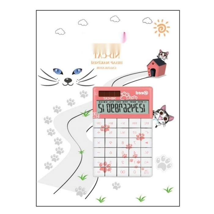 Pembe Kedi Pati Desenli Standart Hesap Makinesi