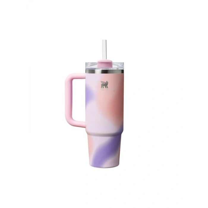 Pipetli Termos Bardak, 0.89 Litre Kapasite, Pembe Desenli