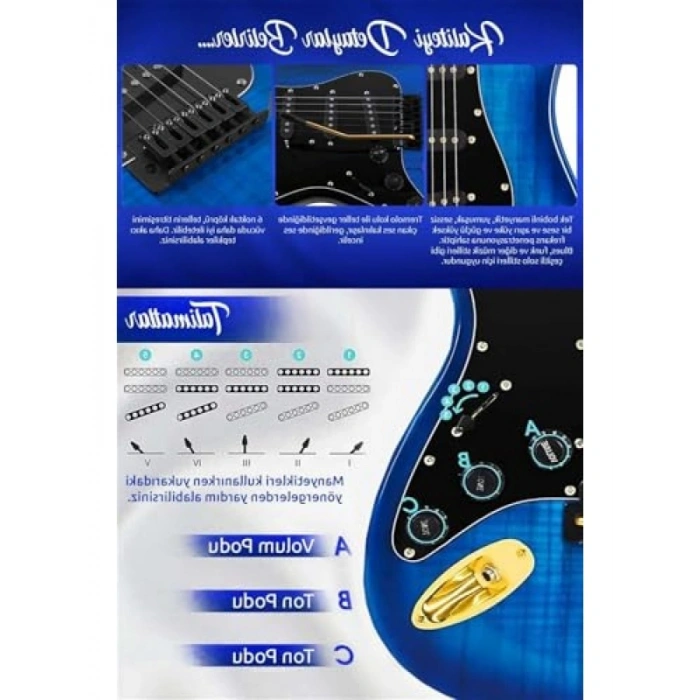 Profesyonel Elektro Gitar Seti - Mavi Renk, Gigbag ve Aksesuarlar Dahil